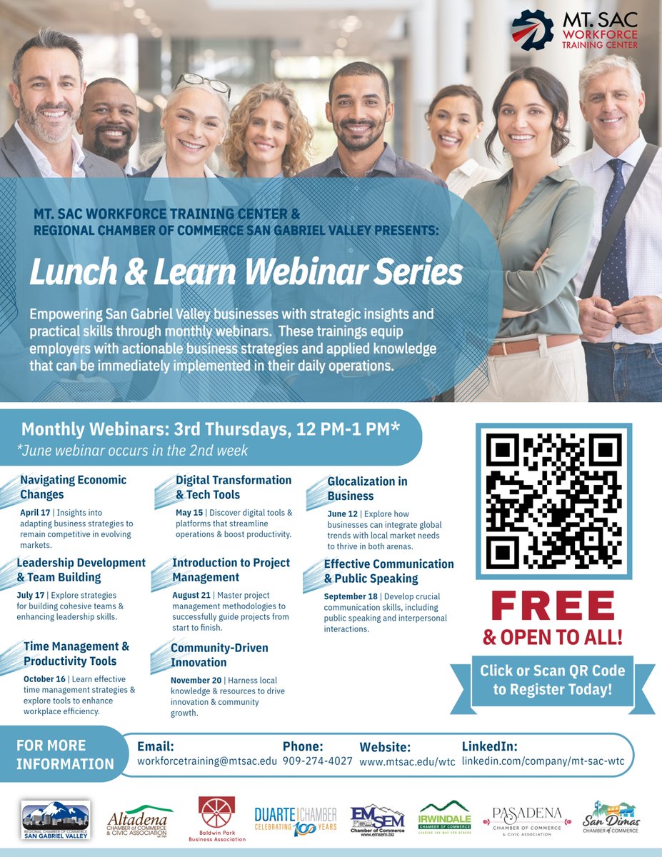 Every 3rd Thursday, <a href="/MtSAC/">Mt. SAC</a> teams up with local chambers to provide free webinars on important topics for small business owners. Next up: July 17, Leadership Development and Team Building. Free &amp; online.

mtsac.edu/sce/cce/wtc/
