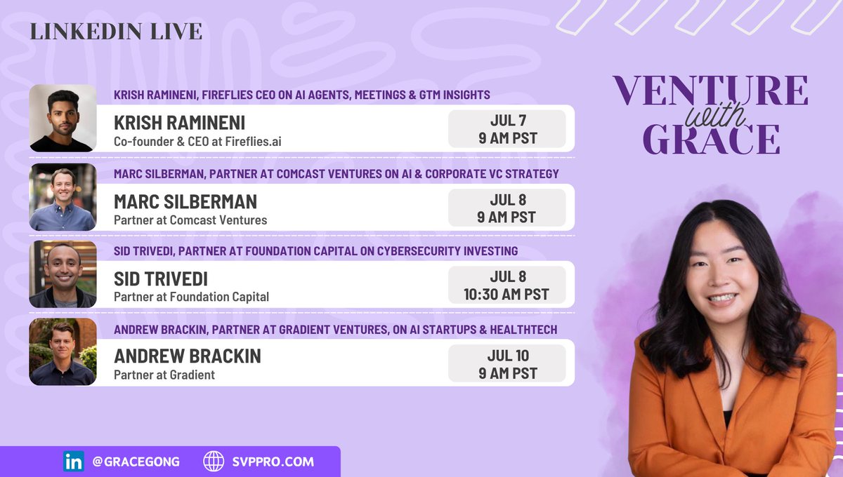 Grace Gong (@gracegonggg) on Twitter photo Week 76 Recap – Venture with Grace 🎙️
Here’s what we covered this week across AI agents, corporate VC, AI security, and early-stage healthtech:
📅 July 7 – <a href="/krishramineni/">Krish Ramineni</a>, CEO of <a href="/firefliesai/">Fireflies.ai</a>
We talked about his journey building one of the most widely-used AI meeting Week 76 Recap – Venture with Grace 🎙️
Here’s what we covered this week across AI agents, corporate VC, AI security, and early-stage healthtech:
📅 July 7 – <a href="/krishramineni/">Krish Ramineni</a>, CEO of <a href="/firefliesai/">Fireflies.ai</a>
We talked about his journey building one of the most widely-used AI meeting