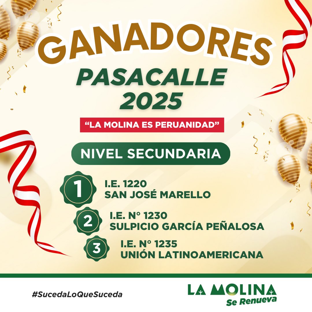 #FelicesFiestas 🇵🇪 Ganadores Pasacalle 2025 - Nivel Secundaria  ¡Felicitaciones! 🥳

#LaMolinaSeRenueva 💪