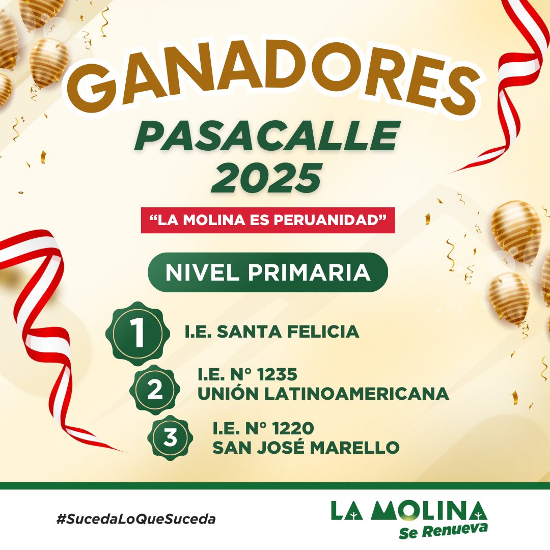 #FelicesFiestas 🇵🇪 Ganadores Pasacalle 2025 - Nivel Primaria ¡Felicitaciones! 🥳

#LaMolinaSeRenueva 💪