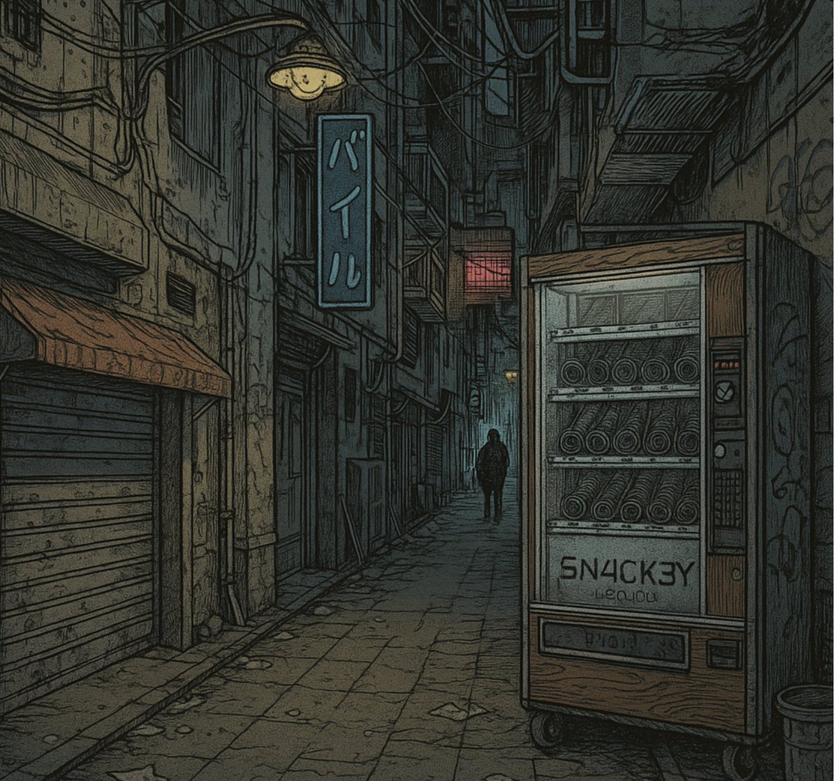 5n4ck3y's tweet image. You turn the corner. The alley’s choked with wires, rust, and old, burnt-out neon. At the end, humming softly, stands 5N4CK3Y. Coils empty. Coin slot blinking. It’s too clean for this part of town. A shadowy figure is down the way, seemingly unaware. The keypad lights up.
