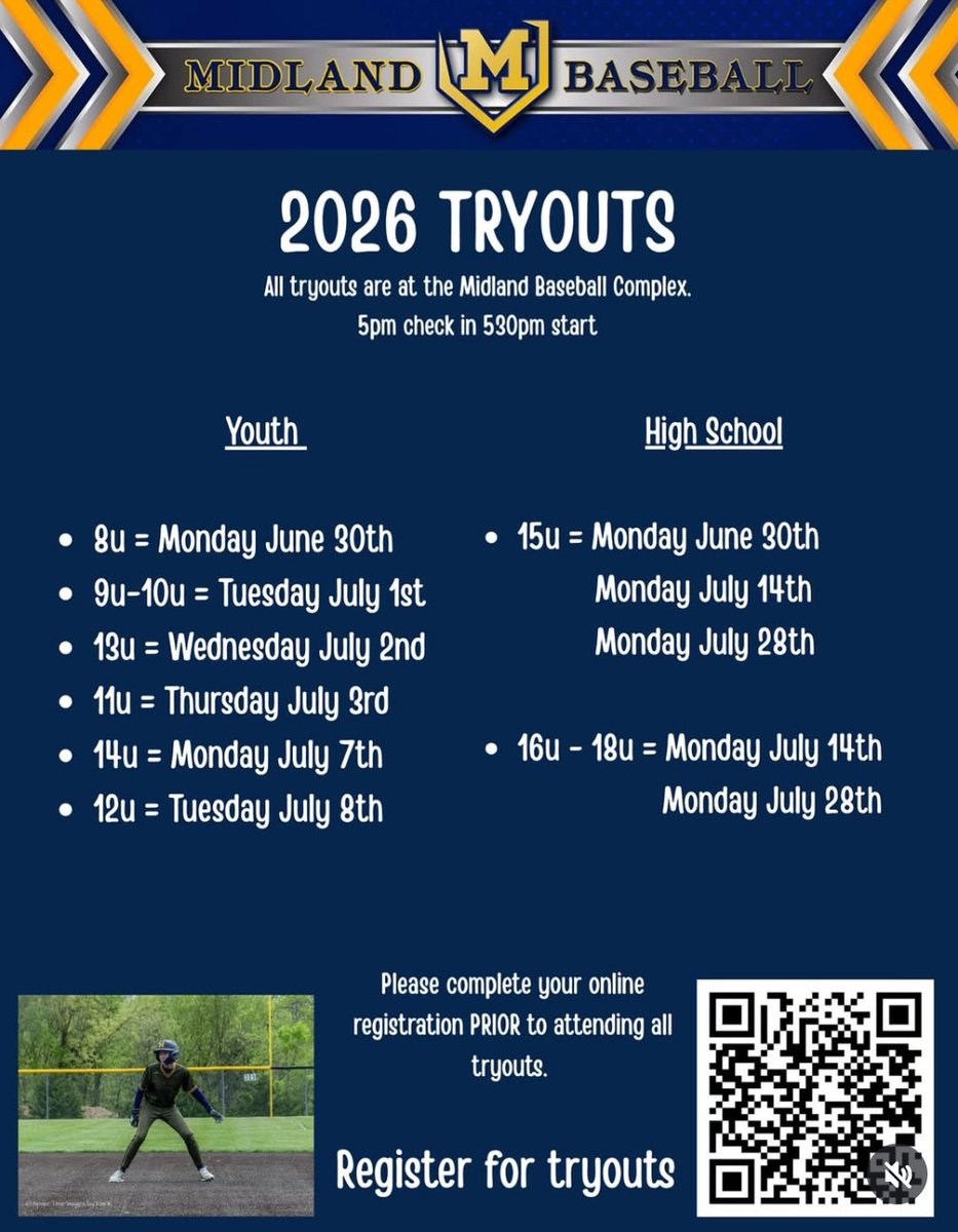 MidlandBasebal's tweet image. Don't forget that @MidlandBasebal will be hosting tryouts in Cincinnati for their 15 to 18U teams. Check in at 5 tryouts will begin at 5:30.