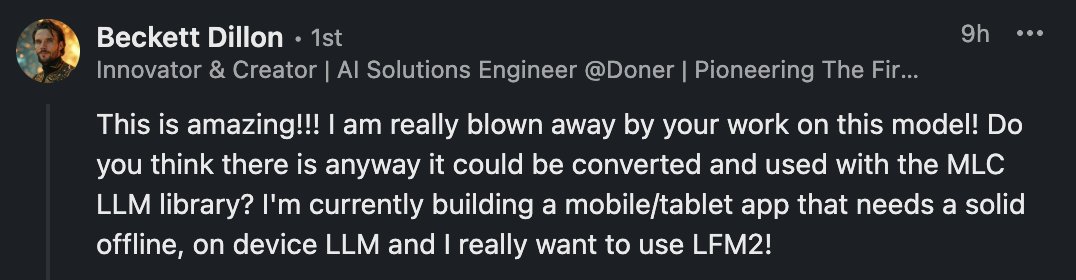 maximelabonne's tweet image. Really cool to see people starting to build apps with LFM2.
Benchmarks are important, but real usage is what matters in the end.
We were shocked by the popularity of old LFM models on OpenRouter (~400 tks/day).
I hope to see many LFM2-powered apps in the next few months!