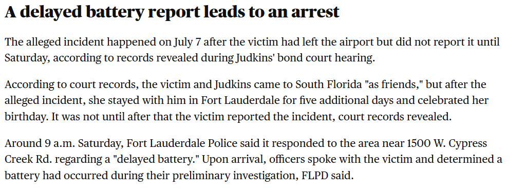 Per CBS News in Miami - Quinshon Judkins incident happened earlier in the week, and is being called a "delayed battery" 

The victim stayed with Judkins 5 days after the incident before reporting it to police
