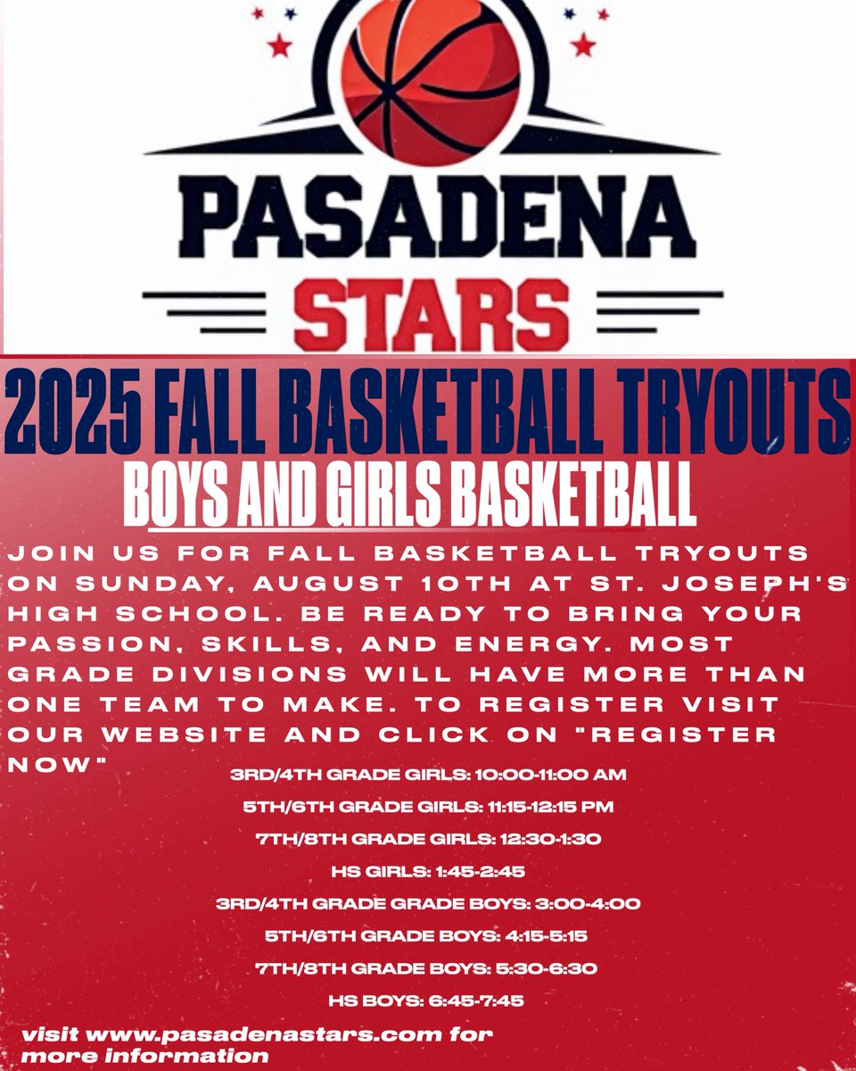 Pasadena_Stars's tweet photo. Join our great basketball community this fall. Registration is open to Boys and Girls 3rd grade-HS. Tryouts will take place on August 10th at St. Joseph’s High School.

Registration is available on our website https://t.co/xBzplcdFhk and the final day of registration is July 27th https://t.co/nLymRqxx3M