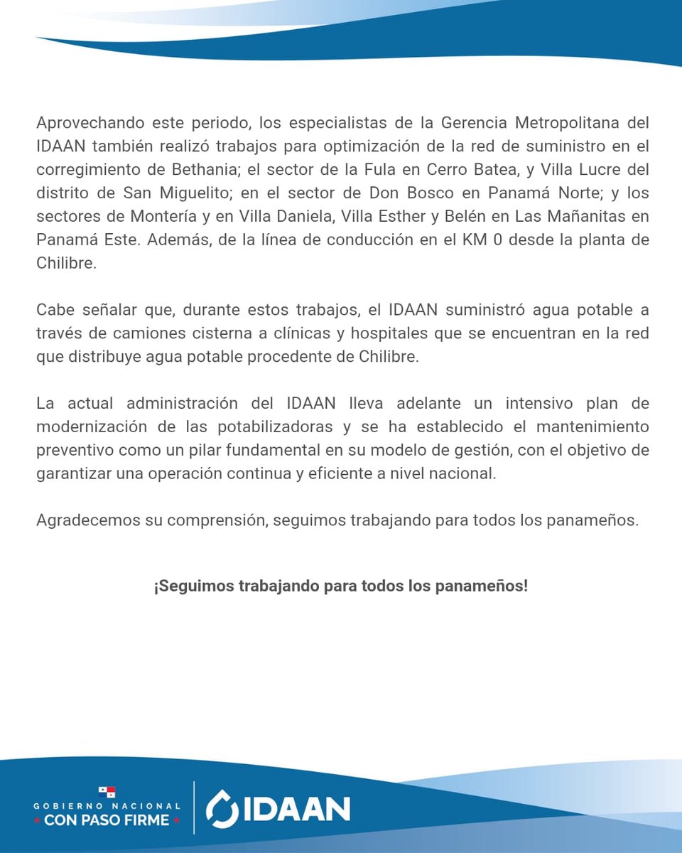 📢La potabilizadora de Chilibre comienza a restablecer sus operaciones, tras culminar los trabajos de modernización programados para este fin de semana.

El suministro de agua potable en Panamá y San Miguelito se recupera de manera progresiva 💧