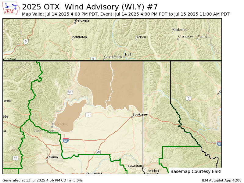 iembot_otx's tweet image. OTX issues Wind Advisory valid at Jul 14, 4:00 PM PDT for Waterville Plateau [WA] till Jul 14, 11:00 PM PDT mesonet.agron.iastate.edu/vtec/f/2025-O-…
