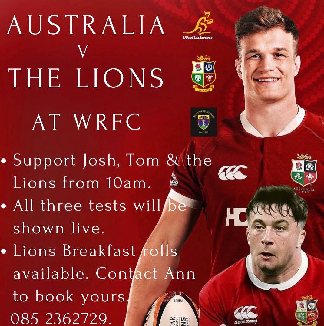 WicklowRFC's tweet image. The club house will be open for all 3 Lions tests. We will be serving a Lion’s breakfast roll plus tea or freshly ground coffee for €10. Breakfast rolls will be served from 10:45am till 11:00am and must be pre-booked by Wednesday. Contact Ann on (085) 2362729
🦘🦁🥖☕️ 🔴⚪️⚫️