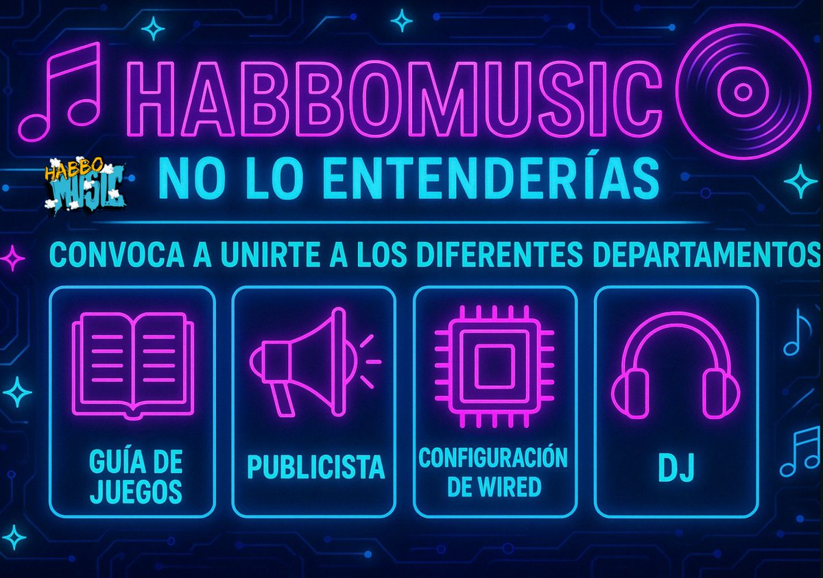 ¿Tenés creatividad, ganas de divertirte y formar parte de algo grande? ¡Entonces este es tu lugar! Habbomusic te convoca a unirte a sus departamentos y ser parte de una comunidad única donde tu talento sí importa. ¡No te quedes afuera, te estamos esperando!