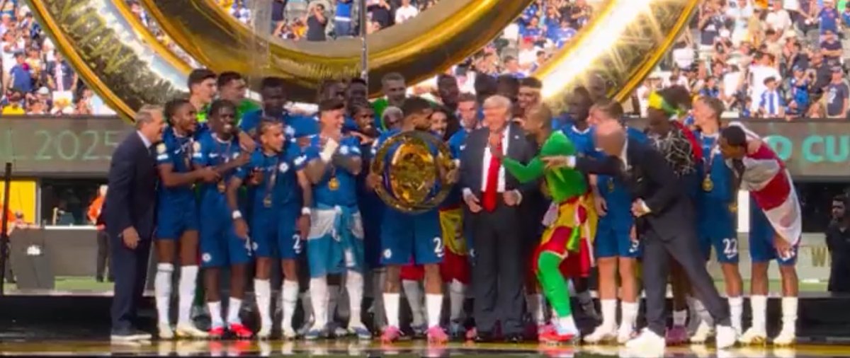 It appears Trump didn’t want to immediately leave the stage, causing a brief delay in Chelsea’s hoist of the trophy that spent considerable time in the Oval Office earlier this year. He’ll be back at the same place for the World Cup final next July. #FIFACWC
