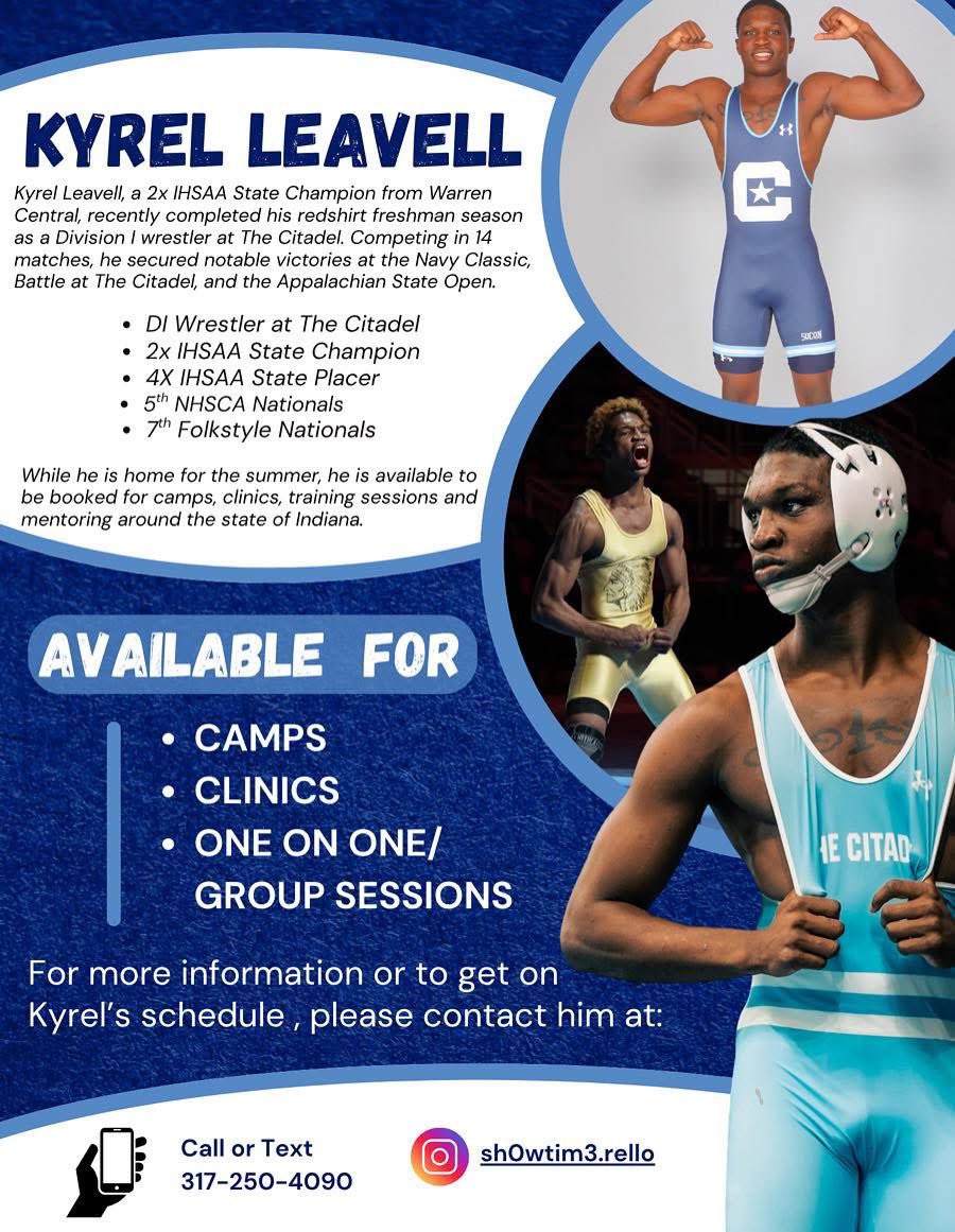 Hey, wrestling family! 

Pretty neat announcement - former wrestler of mine at Warren Central and current D1 wrestler at The Citadel, Kyrel Leavell, will be leading practice on Monday (7/14) and Wednesday (7/16). 

Coach McClurg