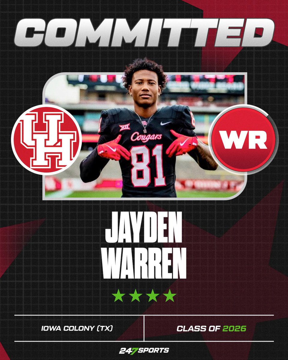 Mike Roach (@mikeroach247) on Twitter photo BREAKING: Houston lands a commitment from Top247 Rosharon (Texas) Iowa Colony WR Jayden Warren beating out SMU and TCU. Thatโs two Top247 commits for the Coogs this week following the commitment of Paris Melvin Jr. More from <a href="/jackson_dip/">Jackson DiPasquale</a> on the commitment
247sports.com/college/houstoโฆ BREAKING: Houston lands a commitment from Top247 Rosharon (Texas) Iowa Colony WR Jayden Warren beating out SMU and TCU. Thatโs two Top247 commits for the Coogs this week following the commitment of Paris Melvin Jr. More from <a href="/jackson_dip/">Jackson DiPasquale</a> on the commitment
247sports.com/college/houstoโฆ