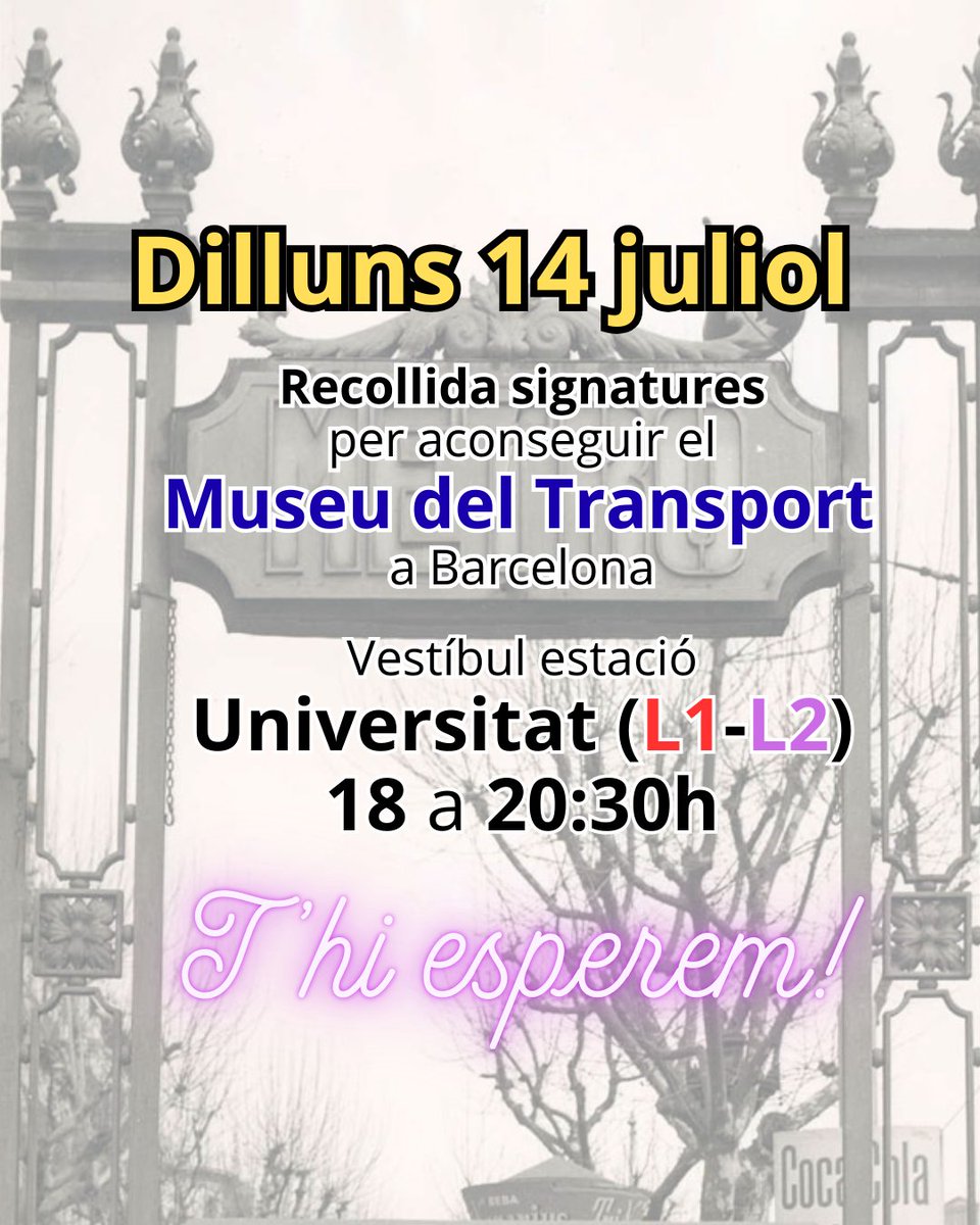 transportcat's tweet image. Avui dilluns 14 juliol muntem parada per recollir signatures per aconseguir la creació del Museu del Transport a #Barcelona . (INICIATIVA CIUTADANA oficial).
T'esperem al vestíbul de l'estació Universitat (correspondència L1-L2) de 18 a 20:30h. #BCN
museutransport.cat