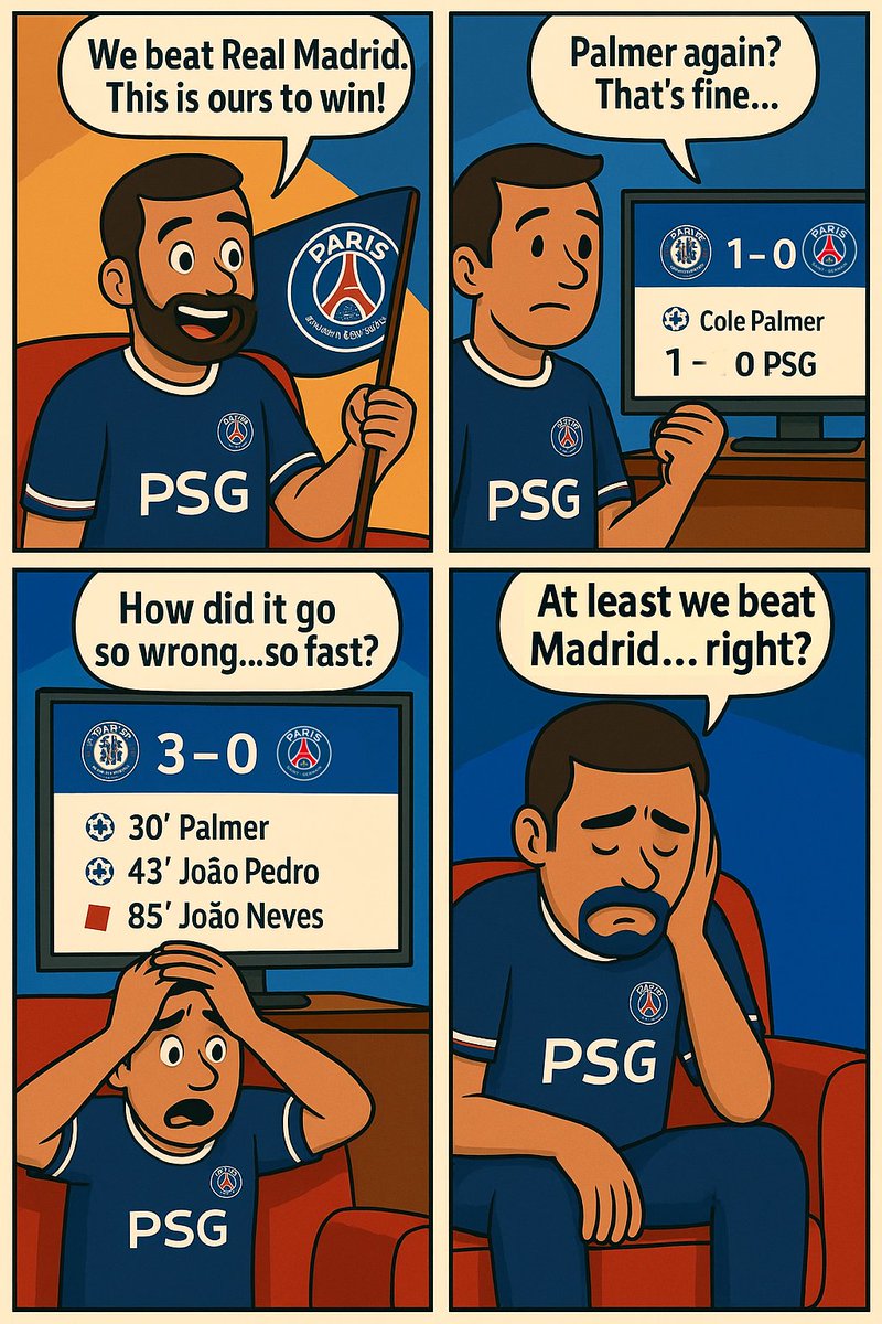 Uunse_com's tweet photo. #DelusionFC #19 :"From Madrid Glory to Chelsea Misery"
#ClubWorldCupFinal #ChelseaVsPSG #PSGFansPain
#FootballMeme #WeBeatMadrid https://t.co/NrfQcbfjc7