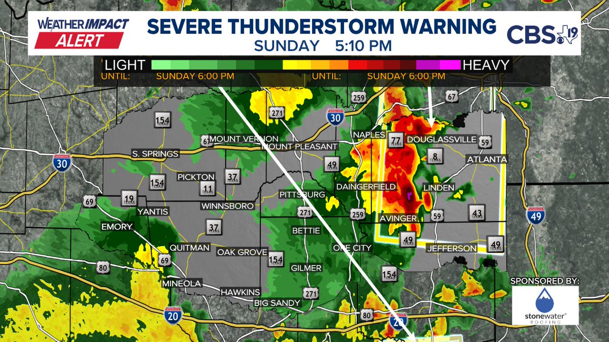 BrettCBS19's tweet image. A SEVERE THUNDERSTORM WARNING has been issued. Immediate details are in the picture below, more information on our website at cbs19.tv/weather
#CBS19 #TXwx #ETXwx #EastTexas #Severe #Weather #ETXWeather