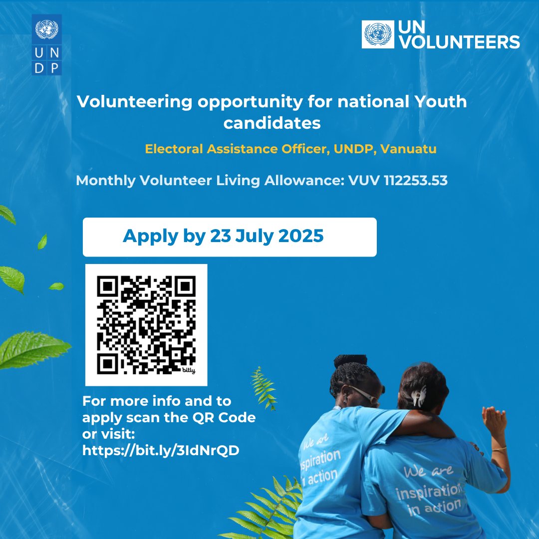 Join us as a national UN Youth Volunteer in Vanuatu to support vital projects and contribute to positive change in the region.

📌Electoral Assistance Officer
📍 Organization: UNDP, Vanuatu
📅 Deadline: 23 July 2025 
💻 Link to apply: bit.ly/3IdNrQD