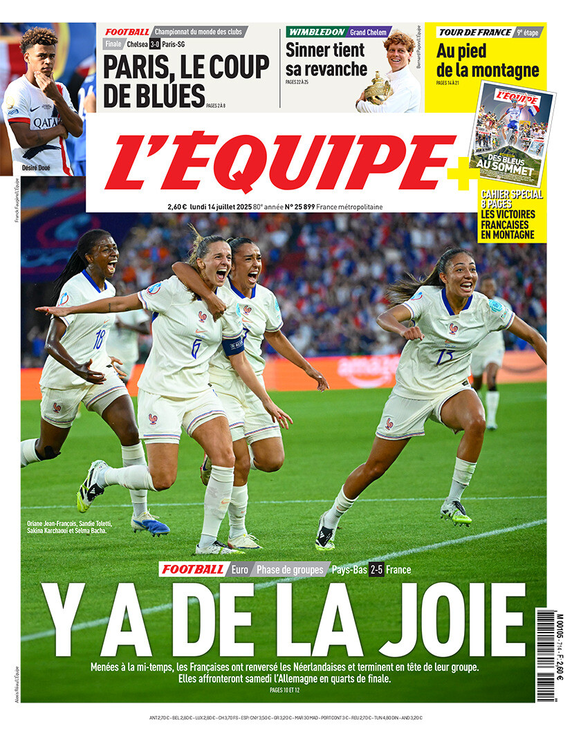 🗞️ « Y'a de la joie » : la une du journal L'Équipe du lundi 14 juillet 2025