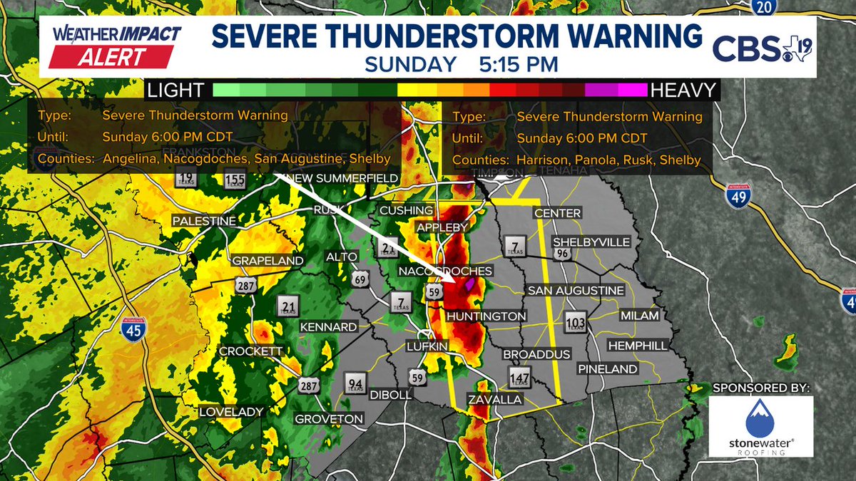 BrettCBS19's tweet image. A SEVERE THUNDERSTORM WARNING has been issued. Immediate details are in the picture below, more information on our website at cbs19.tv/weather
#CBS19 #TXwx #ETXwx #EastTexas #Severe #Weather #ETXWeather