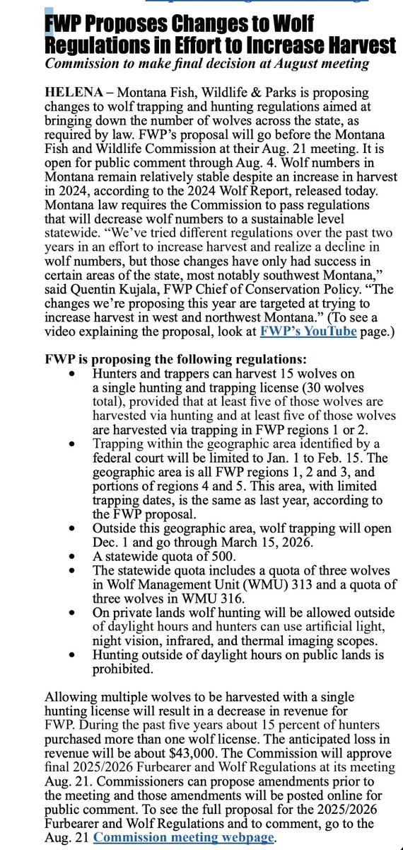 🚨🚨🚨Montanans! Make your voice heard before it's too late for wolves! Submit a comment to fwp.mt.gov/aboutfwp/commi… Tell them wolves bring in millions of $$$ in tourism to Montana, are vital for a healthy ecology, help cut down on CWD, prey on diseased rodents...do it today!