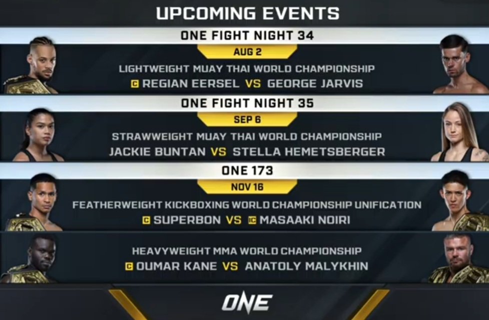 Upcoming ONE Championship events.