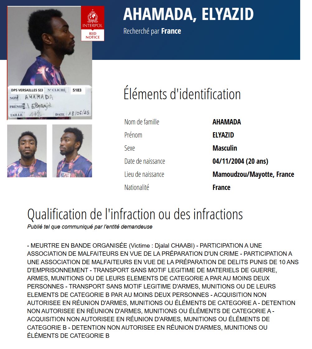 🔴 Notice rouge Interpol afin de retrouver Elyazid Ahamada, le dangereux multi-condamné qui s'est évadé de la prison de Lyon-Corbas… Profitant de la libération de son codétenu pour se cacher dans un sac (MàJ)
fdesouche.com/2025/07/14/eva…