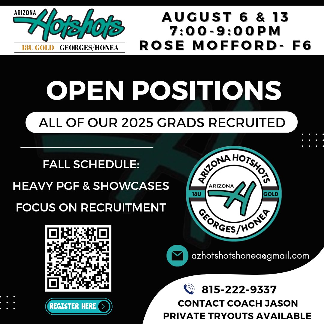📣 TRYOUTS FOR THE 25/26 SEASON AUGUST 6TH AND 13TH

Our 2025s are off to college and we've got open positions!! Looking for competitive players interested in college recruitment and playing in top tournaments and showcases. 

reach out to Coach Jason with questions: 815-222-9337