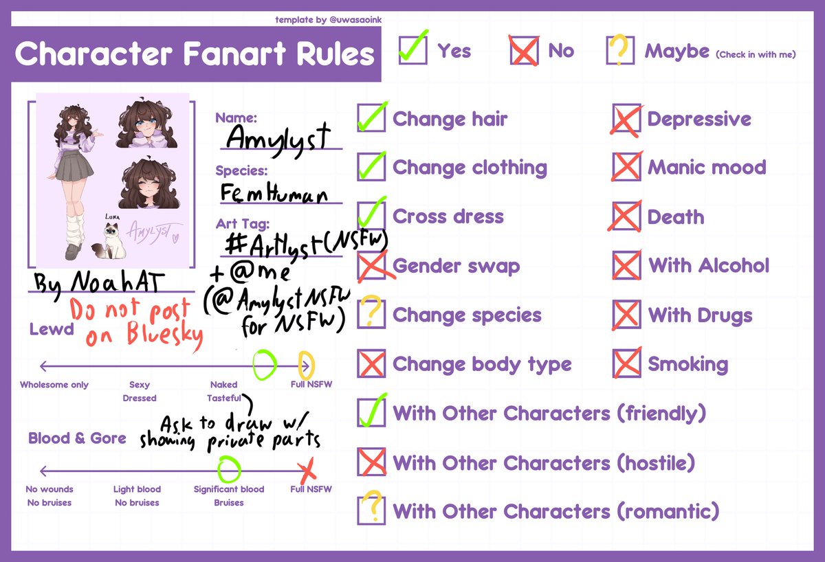 Amylyst's tweet photo. Updated my fanart rules so making a new ref tweet!
Have ref sheet by the lovely @NoahAT_ and new rules :3

Tags:
SFW art - #Artlyst + tag me!
NSFW art - #ArtlystNSFW + tag @AmylystNSFW (you must be 18+ to make NSFW art of me!!)
(I can't see NSFW content on this account ;-;) https://t.co/T4KZZvFQfK