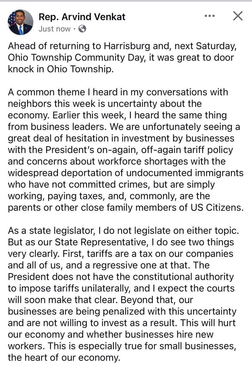 RepVenkat's tweet image. Before returning to Harrisburg, it was great to door knock in Ohio Twp. I heard a lot about economic uncertainty, especially with on-again, off-again tariffs & draconian immigration policies. I continue to call for changing course to sustain our community. My statement below: