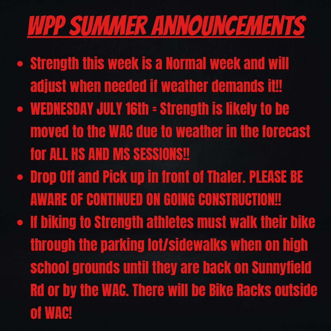🚨Weekly Summer Schedule🚨 Normal week this week with a good chance of moving Wednesdays strength to the WAC due to Rain in the forecast! We will keep you updated as the week goes on! PLEASE BRING WATER, it will be a hot one this week!!! #wingsup #itfeelslikesummer☀️