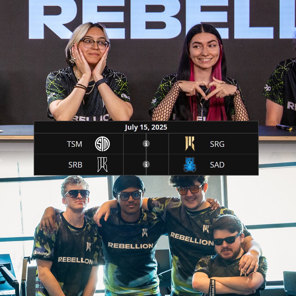 Shopify Rebellion VALORANT (@srval) on Twitter photo Excited for Tuesday? I know we are 🤩
SRG face off versus <a href="/TSM/">TSM</a> on the Main Stream at 4:00pm EST, followed by SRB versus <a href="/SadEsportsOrg/">SaD Esports</a> 😎🫶
#ArmTheRebels Excited for Tuesday? I know we are 🤩
SRG face off versus <a href="/TSM/">TSM</a> on the Main Stream at 4:00pm EST, followed by SRB versus <a href="/SadEsportsOrg/">SaD Esports</a> 😎🫶
#ArmTheRebels
