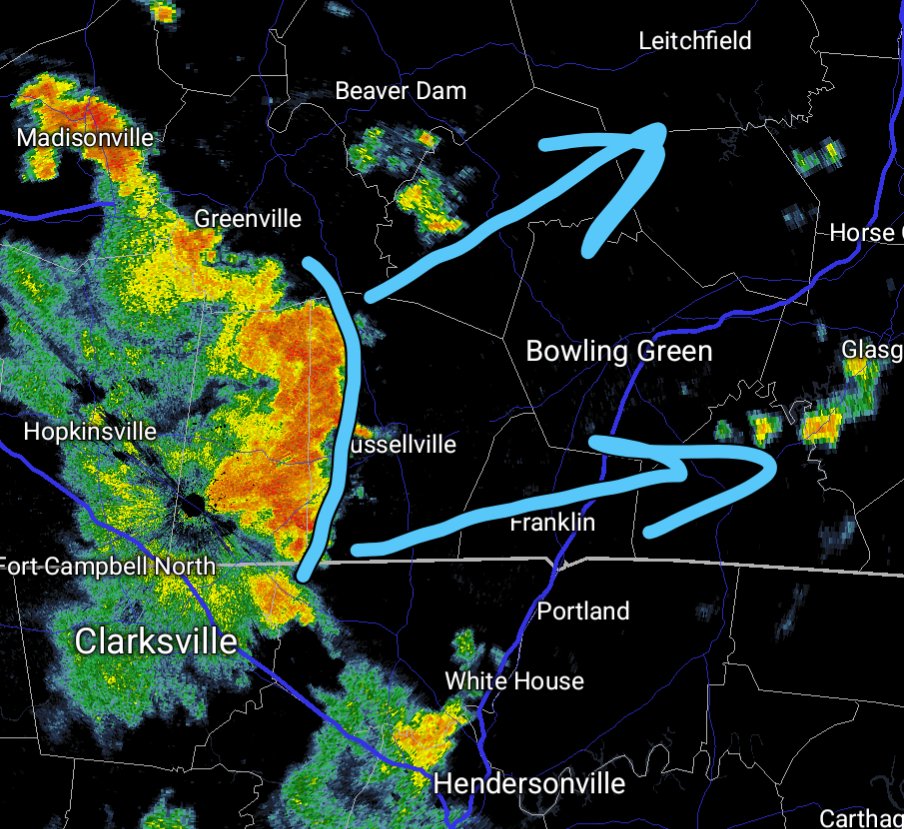 Cluster of Strong Storms capable of producing 40-50mph Winds approaching Russellville and perhaps making it to Bowling Green. #kywx