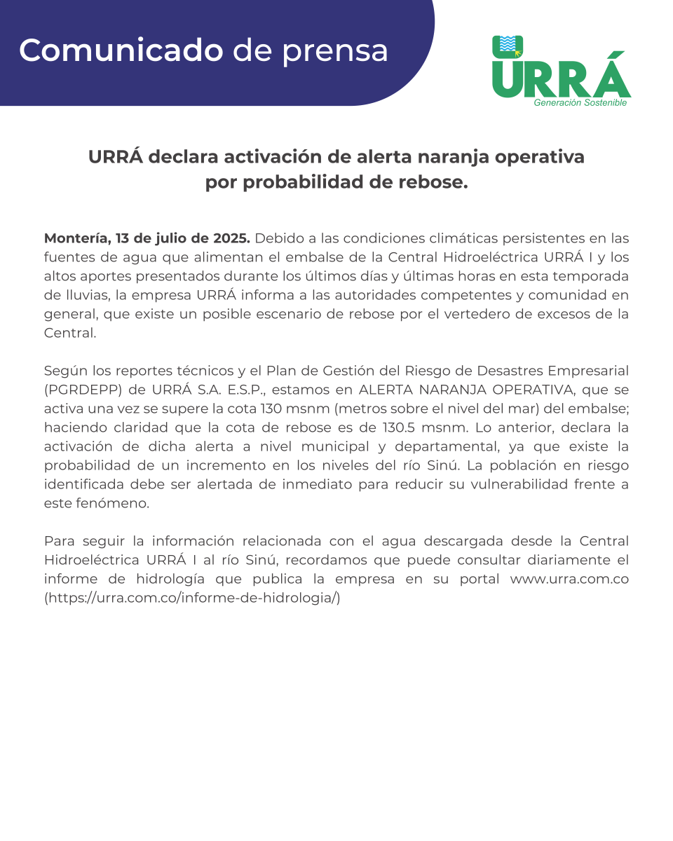 Urragenerador's tweet photo. URRÁ declara activación de alerta naranja operativa por probabilidad de rebose. https://t.co/uMfumKPt6K