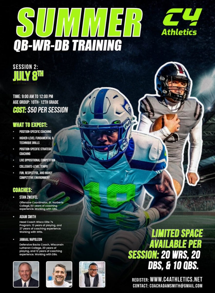 CoachAdamSmith's tweet image. A stud WR from Oshkosh North is in for the Madison Camp on the 8th! LFG! Get in now! 3 days to go! c4athletics.net