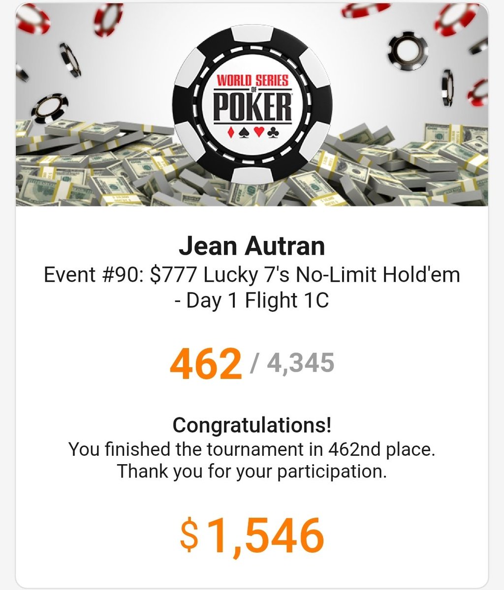 WSOP Day 38/40 : Journée à -8$

2 bullets sur le WSOP 777$ Lucky sevens, et min cash
