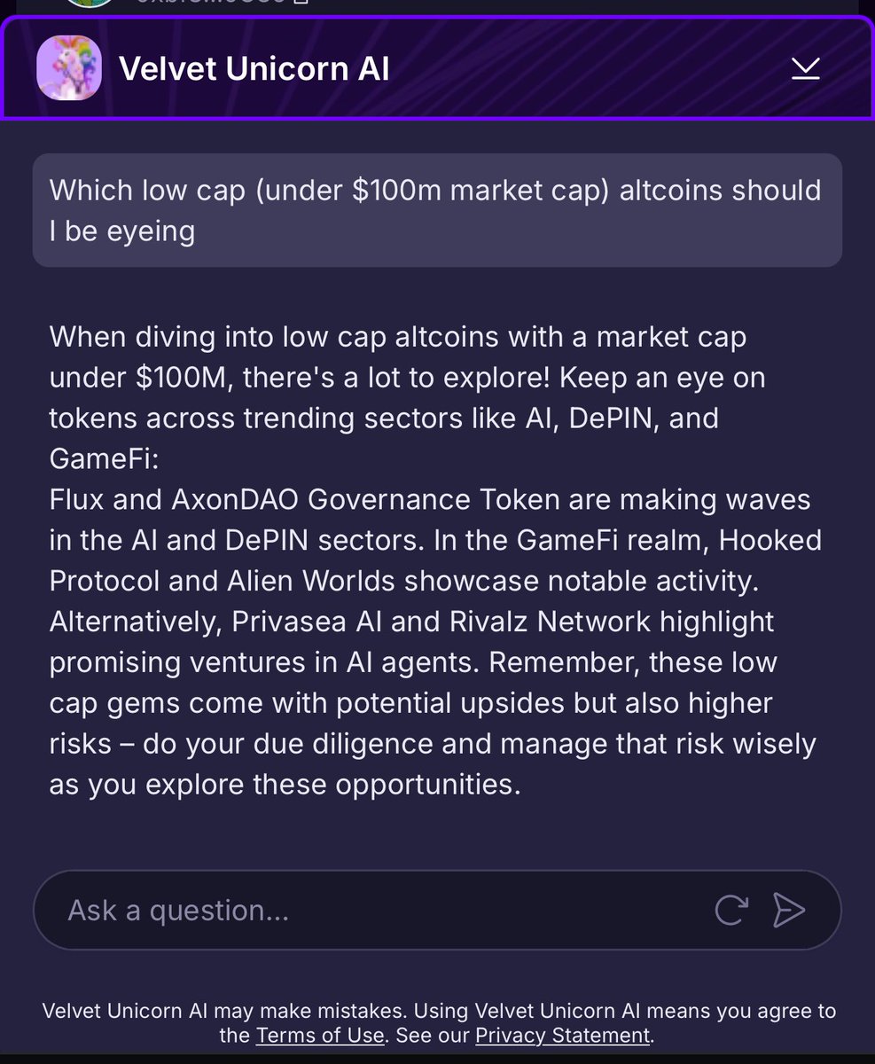 Velvet Capital (@velvet_capital) on Twitter photo As $BTC closes in on $120k <a href="/VU_virtuals/">Velvet Unicorn</a> AI is bullish on many large cap tokens including $ETH $SOL $XRP & is pointing out $FLUX $AXGT $RIZ as potential low cap alts that could perform well and people should be eyeing
Use Velvet Unicorn AI on our app for free (will soon be As $BTC closes in on $120k <a href="/VU_virtuals/">Velvet Unicorn</a> AI is bullish on many large cap tokens including $ETH $SOL $XRP & is pointing out $FLUX $AXGT $RIZ as potential low cap alts that could perform well and people should be eyeing
Use Velvet Unicorn AI on our app for free (will soon be