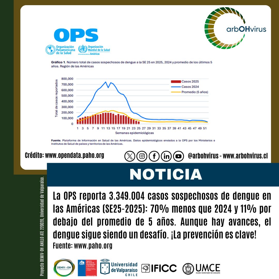 arbohvirus's tweet image. 🦟#AlertaEpidemiológica: El #Dengue sigue siendo un desafío en las #Américas (SE25-2025). Desde #arbOHvirus trabajamos en su #Prevención con enfoque #OneHealth. @opsoms👉 bit.ly/4bo5GNI
@ANID_Chile
@CentrosAnid
@uvalpochile
@umcecl
@InstitutoIficc
@PAHOWHO
@OPSOMSChile