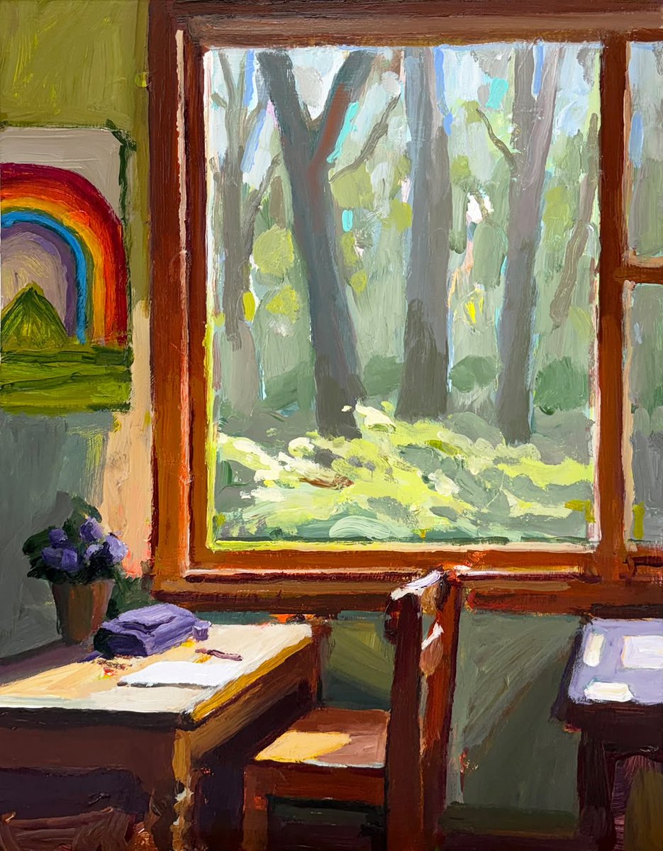 RClaremont's tweet image. Not all our lessons happened inside.
At my school, the bush was its own classroom—full of daring games, scratched knees, and sword fights.
This little desk sat quietly by the window while outside, we were busy becoming wild things.🌿🖍️
“Wild Lessons”, 35X45cm.
#glenaeonmemories
