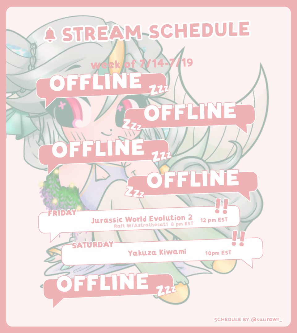 Finally got around to making this weeks stream schedule!
Raft collab with <a href="/AstraTheCat1/">Astra</a> Friday @ 8pm EST!
