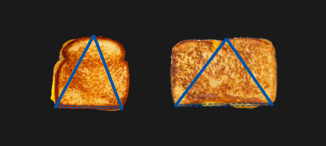 variabl3's tweet image. I've given much thought to the grilled-cheese (and other sandwich) cutting debacle. I, and most others, have held that a diagonal cut is best over straight in half via X or Y axis. But I ask you, what if there was a better way?  I present to you, the triangle cut.