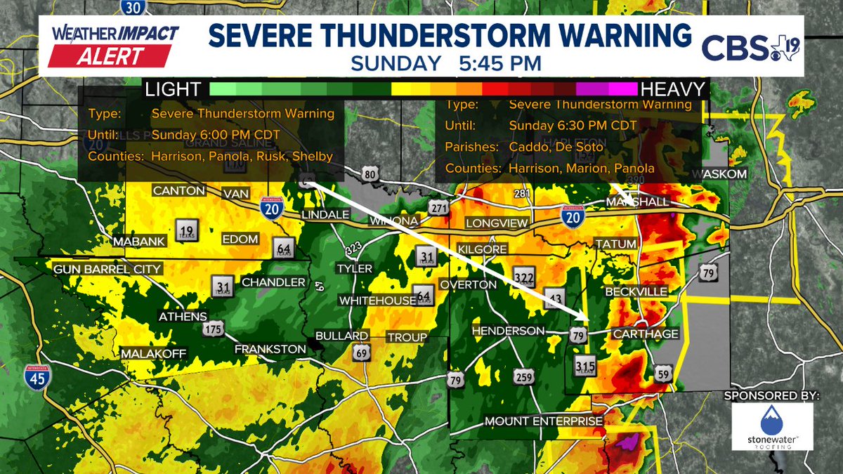 BrettCBS19's tweet image. A SEVERE THUNDERSTORM WARNING has been issued. Immediate details are in the picture below, more information on our website at cbs19.tv/weather
#CBS19 #TXwx #ETXwx #EastTexas #Severe #Weather #ETXWeather