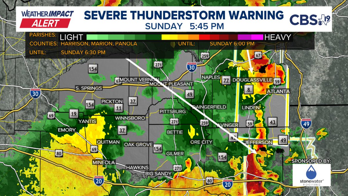BrettCBS19's tweet image. A SEVERE THUNDERSTORM WARNING has been issued. Immediate details are in the picture below, more information on our website at cbs19.tv/weather
#CBS19 #TXwx #ETXwx #EastTexas #Severe #Weather #ETXWeather