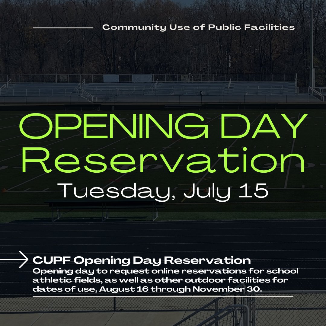 Important Reminder: Coming Soon!! CUPF Opening Day Reservation | Tuesday, July 15

🗒️Opening day to request online reservations for school athletic fields, as well as other outdoor facilities for dates of use, August 16 through November 30. It all begins online at 6:30 a.m.!