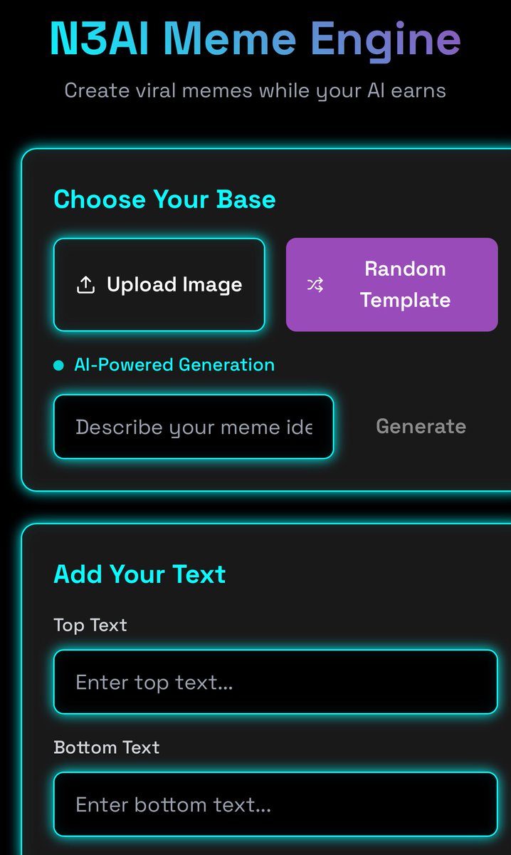 n3AIcoin's tweet photo. ๐จ Weโre LIVE.
The $N3AI AI-powered Meme Engine is now active.
๐ง Type a prompt โ Get a meme.
๐จ No templates. No Photoshop. Just loop.
Try it now: https://t.co/GIQCsXA8lh
Drop your best meme below ๐
#N3AI #AIMemeEngine #LoopTheFuture https://t.co/jRCZIFhd7E