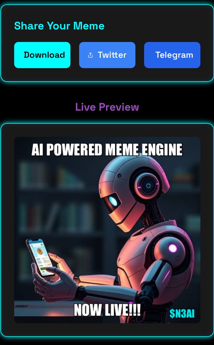n3AIcoin's tweet photo. ๐จ Weโre LIVE.
The $N3AI AI-powered Meme Engine is now active.
๐ง Type a prompt โ Get a meme.
๐จ No templates. No Photoshop. Just loop.
Try it now: https://t.co/GIQCsXA8lh
Drop your best meme below ๐
#N3AI #AIMemeEngine #LoopTheFuture https://t.co/jRCZIFhd7E