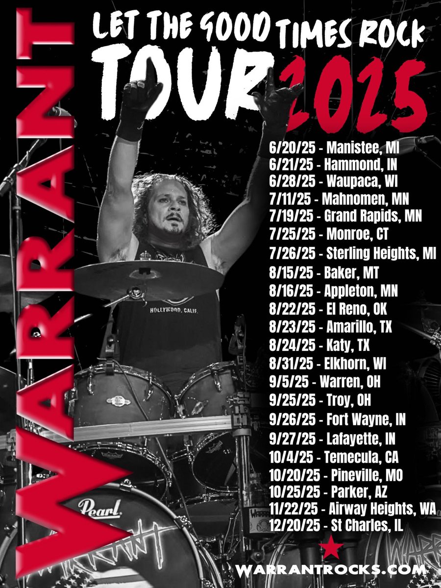 warrantrocks's tweet image. More Tour, Merchandise and VIP info at WarrantRocks.com
07/19 β Grand Rapids, MN
07/25 β Monroe, CT
07/26 β Sterling Heights, MI
08/15 β Baker, MT
08/16 β Appleton, MN
08/22 β Concho, OK
08/23 β Amarillo, TX
08/24 β Katy, TX
08/30 β Hobbs, NM
08/31 - Elkhorn, WI