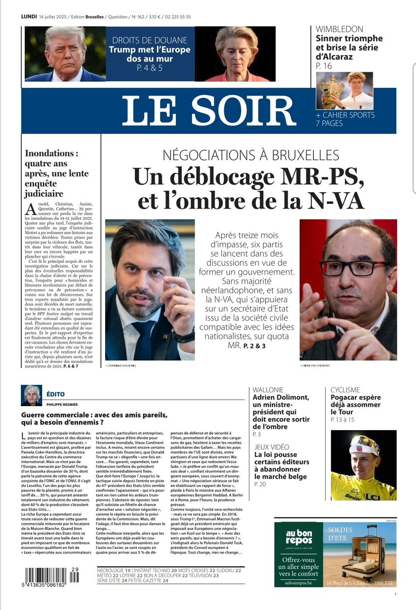 lesoir's tweet image. La Une du @lesoir ce lundi. A retrouver en librairie ou via notre application et sur journal.lesoir.be