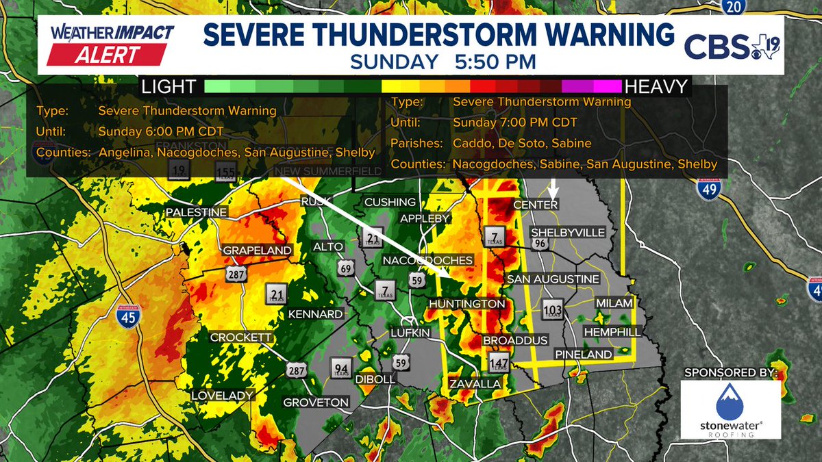 BrettCBS19's tweet image. A SEVERE THUNDERSTORM WARNING has been issued. Immediate details are in the picture below, more information on our website at cbs19.tv/weather
#CBS19 #TXwx #ETXwx #EastTexas #Severe #Weather #ETXWeather