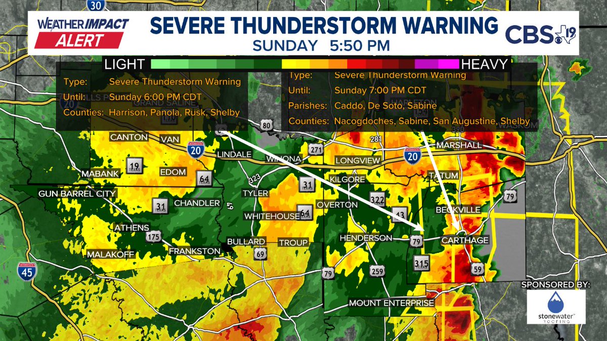 BrettCBS19's tweet image. A SEVERE THUNDERSTORM WARNING has been issued. Immediate details are in the picture below, more information on our website at cbs19.tv/weather
#CBS19 #TXwx #ETXwx #EastTexas #Severe #Weather #ETXWeather
