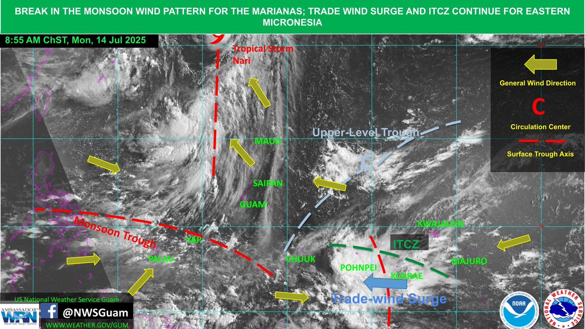 NWSGuam's tweet image. Active weather continues across eastern Micronesia with scattered to widespread showers and isolated thunderstorms seen along the ITCZ. Quieter conditions are seen across the Marianas while scattered showers and isolated thunderstorms are seen across western Micronesia. #GUwx