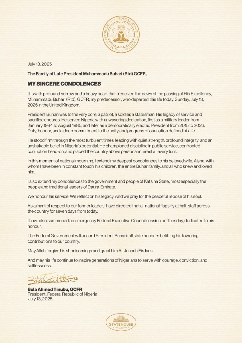 Statement  by President Bola Tinubu, GCFR, on the passing of former President Muhammadu Buhari, GCFR